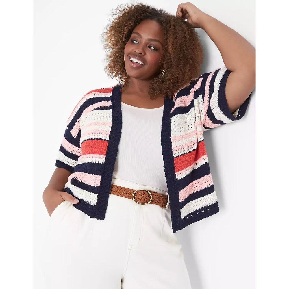 LANE BRYANT Multicolor Stripe Loose Weave Open Front Stitch Cardigan Sz 18/20